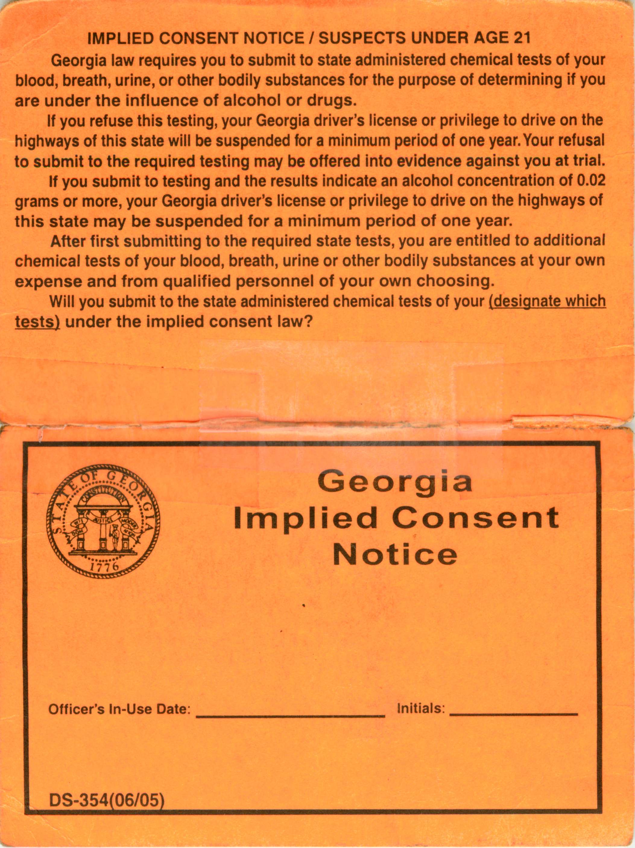 Georgia Implied Consent Notice Cerbone DUI Defense