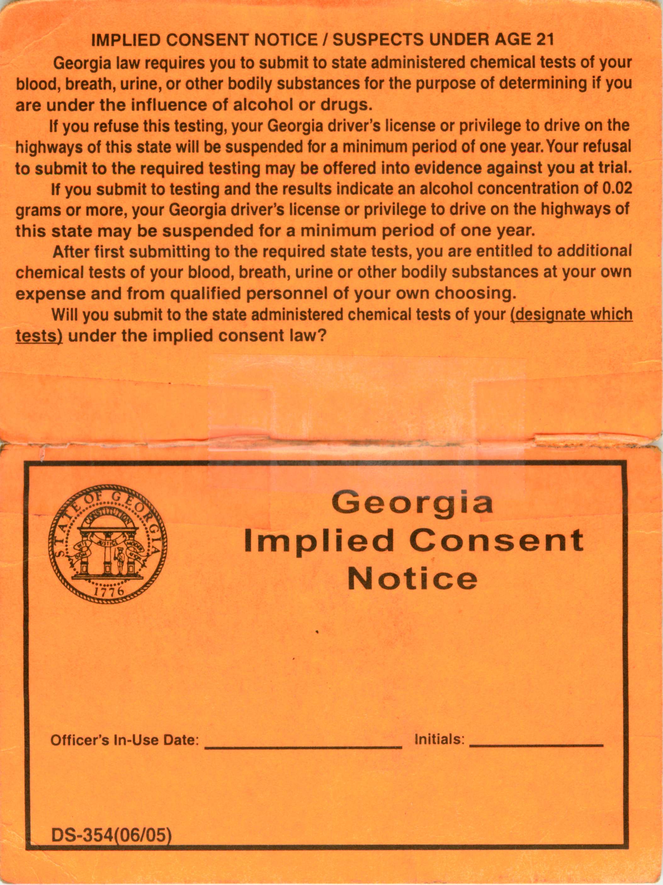 Georgia Implied Consent Notice Front Card