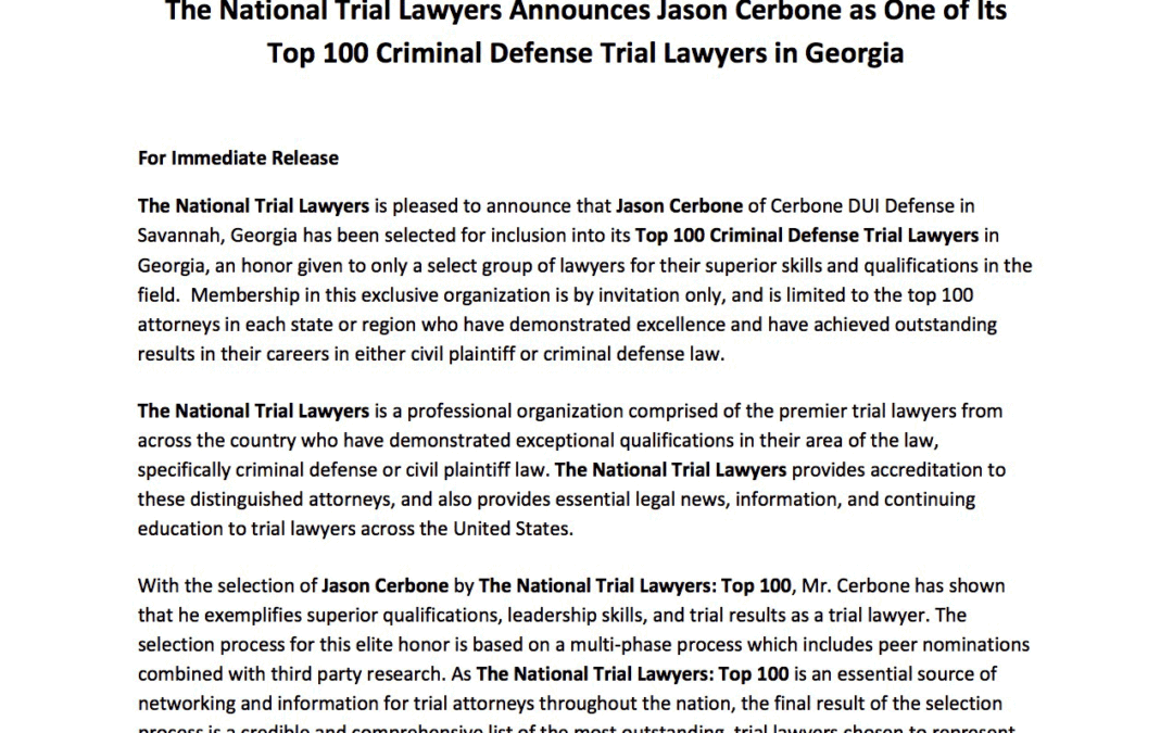Jason Cerbone Named Top Georgia DUI Lawyer