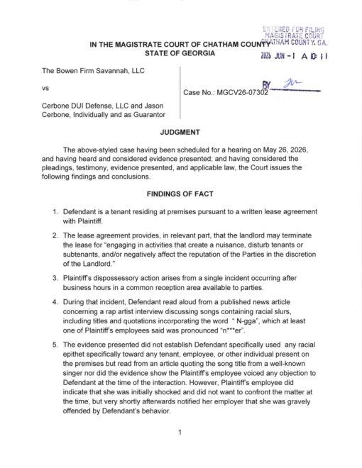 2026-06-01 Judgment Jason Cerbone wins against Bo Bowen - Cerbone Law Georgia state court judgment page showing case Bowen Firm Savannah v. Cerbone DUI Defense; Case MGCV26-07302; headings JUDGMENT and FINDINGS OF FACT.