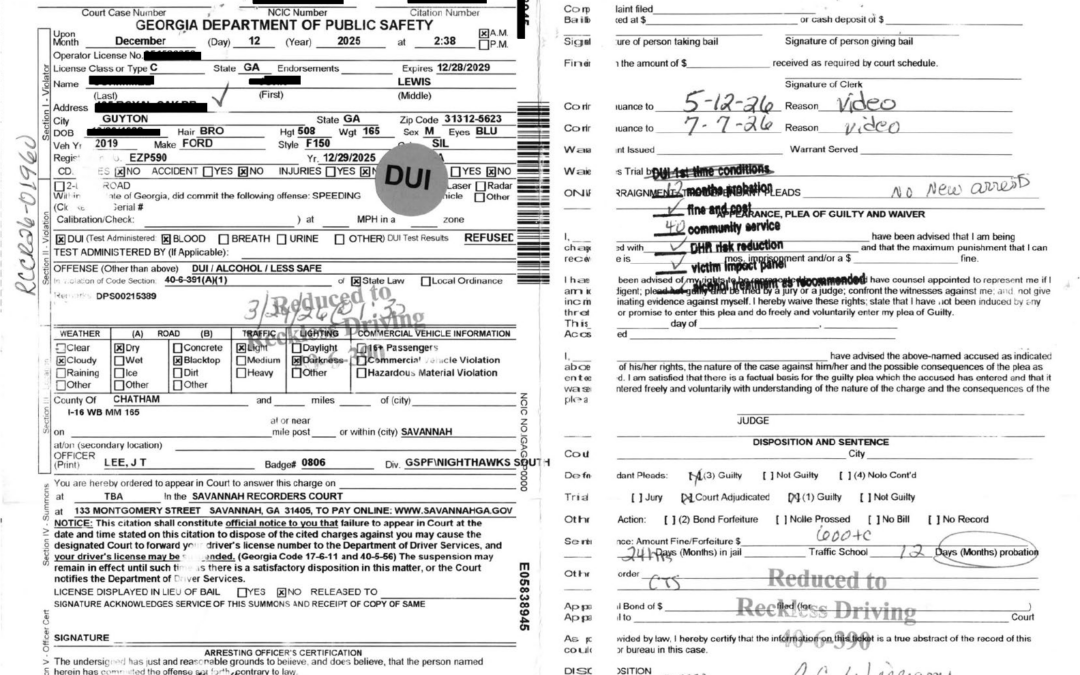 Cerbone gets client DUI Reduced to Reckless driving in Savannah Recorder's Court
