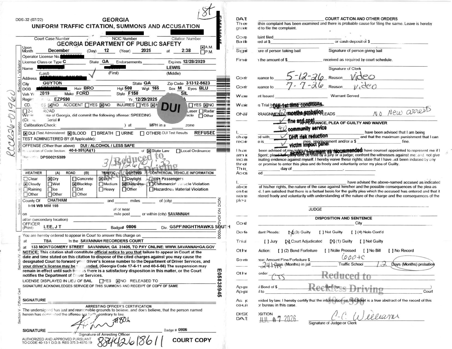 Cerbone gets client DUI Reduced to Reckless driving in Savannah Recorder's Court